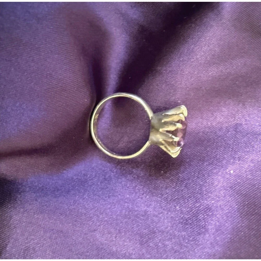 Vintage JR Signed  Mexico Prong Set Round Amethyst Sterling Silver Ring Sz 7.75
